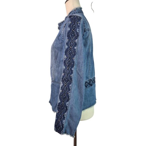 Reba Blue Denim Fringe Hem Embroidered Silver Studded BOHO Vintage Jacket Medium - Picture 3 of 4